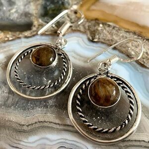 2373 Silver and Brown Tiger Eye Stone Twisted Hoop Earrings